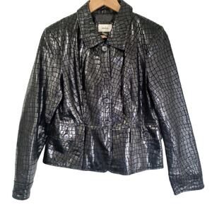 Neiman Marcus Embossed Leather Peplum Jacket Size 8 Black Reptile Flap Pockets
